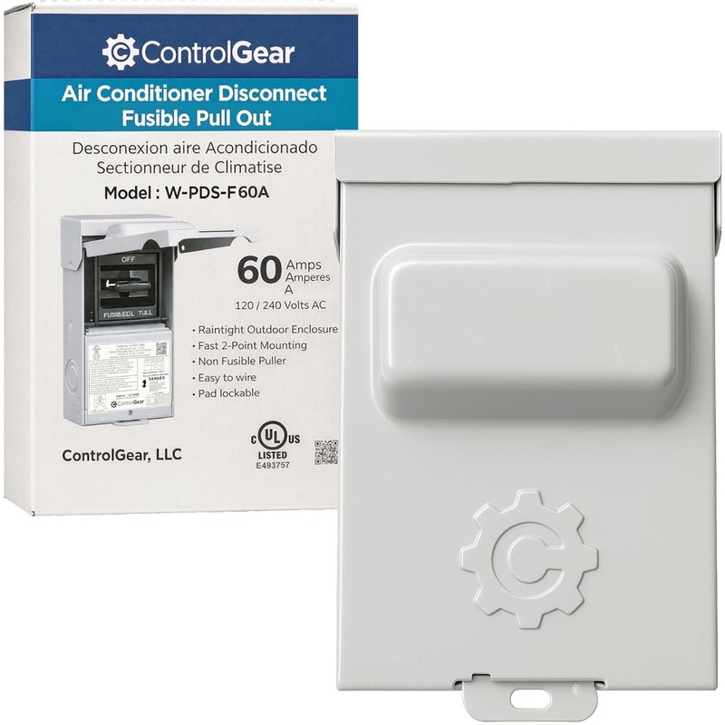 ControlGear 60 Amp Pullout FUSIBLE Disconnect Switch, Brand 240V NEMA 3R Outdoor Metallic Enclosure for HVAC Systems, UL Certified, Single Phase Two Wire (fuses NOT Included) - Image 1